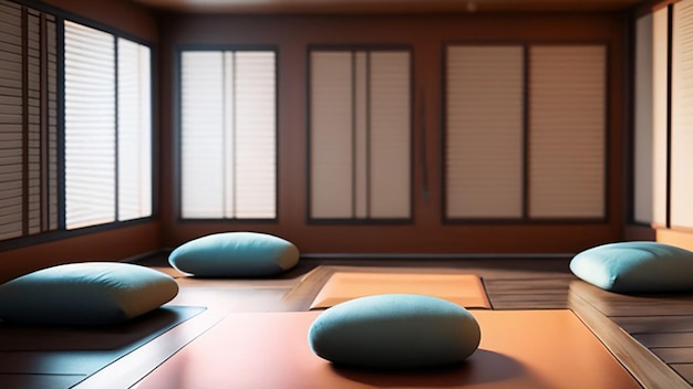 禅の瞑想室には床のクッションと落ち着く色合いがあります