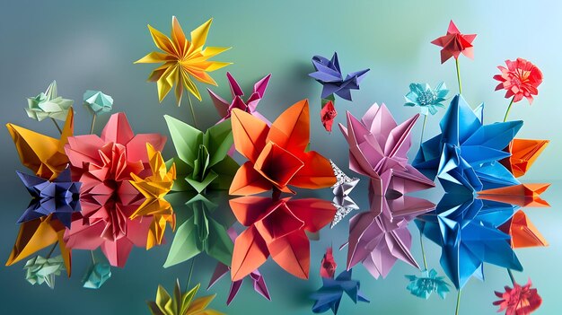 Foto meditazione zen origami simmetrico arte di carta di fiori e animali