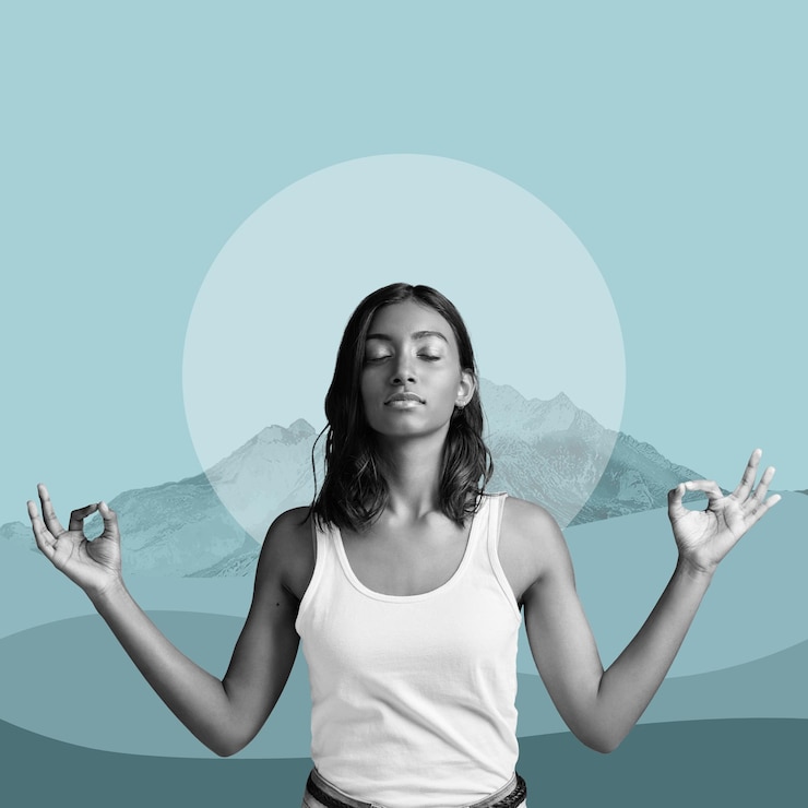 Photo zen meditation and woman on poster mountain on blue background and lotus pose in balance art yoga advertising and creative collage design for health wellness and calm spiritual lifestyle studio