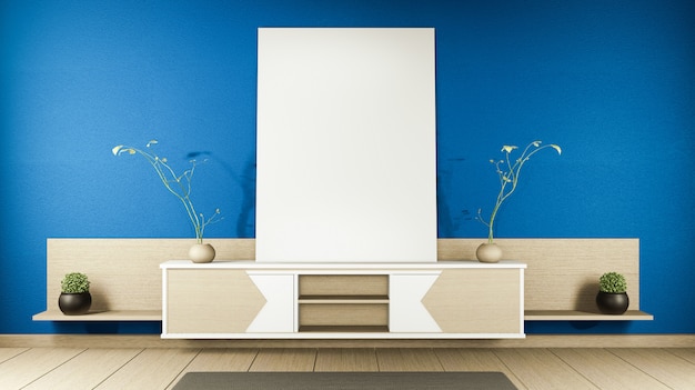 Zen modern empty dark blue room,minimal design japanese style. 3d rendering