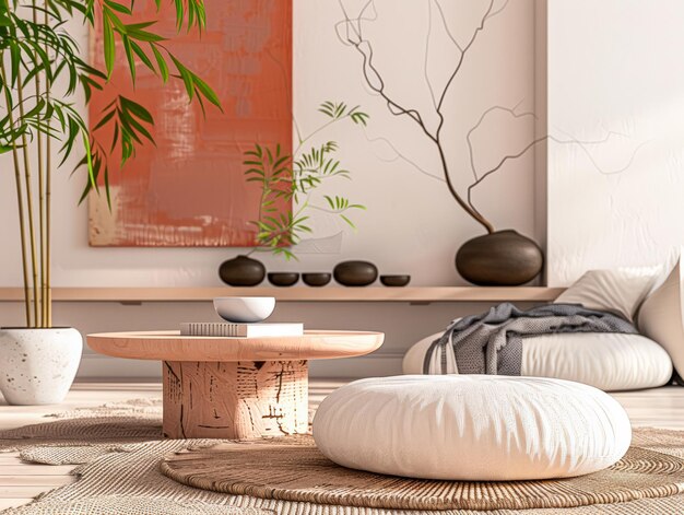 Foto zen moderna decorazione della casa composizione del soggiorno in colori puliti composizione della stanza di design interno con finestra luce naturale