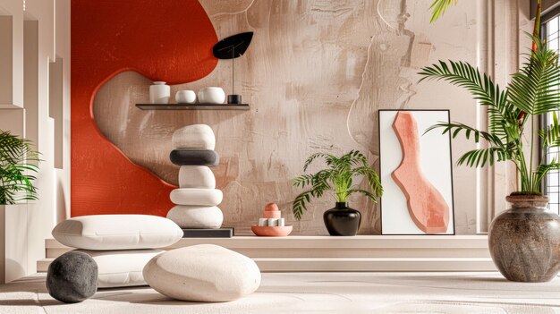 Foto zen moderna decorazione della casa composizione del soggiorno in colori puliti composizione della stanza di design interno con finestra luce naturale