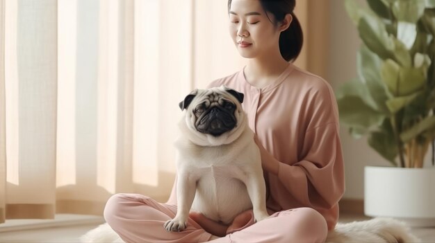 Zen-momenten die de sereniteit verbeteren door middel van yoga en Pug-bonding