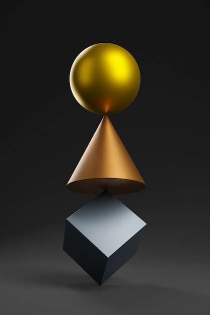 Zen numbers steel copper gold cube square ball on dark background Balance concept 3d Rendering