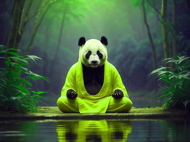 Zen-panda doet yoga in het bamboewoud.