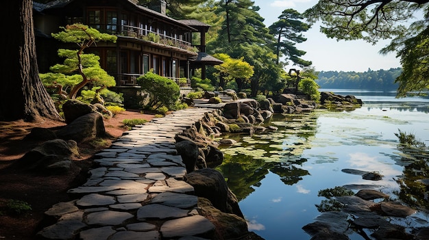 Zen Path Stone Tranquil Pathway with Zen Duck Pond Landscape