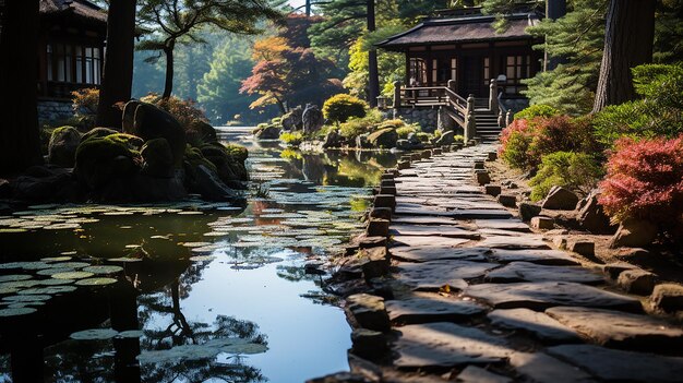 Zen Path Stone Tranquil Pathway with Zen Duck Pond Landscape