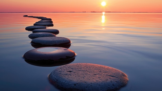 A Zen path of stones unfolds against the sunset creating a harmonious widescreen scene