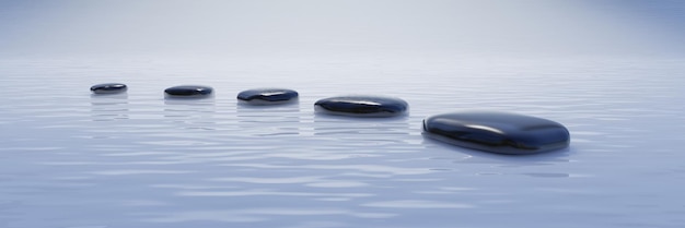 Zen pebble float on ocean water surface spa wellness yoga\
meditation holistic therapy 3d render