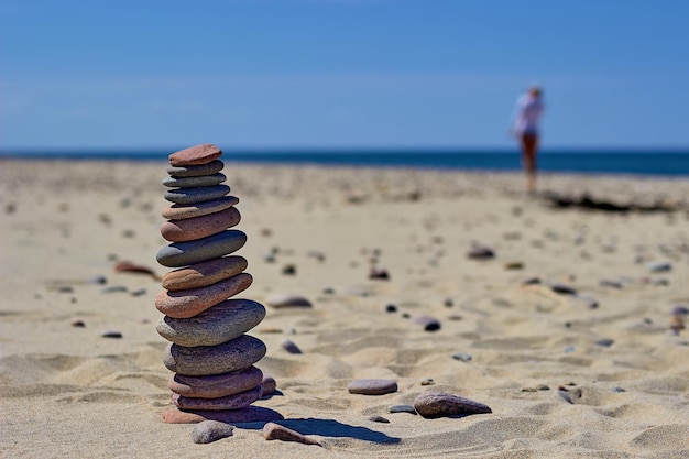 Photo zen pyramid of balancing stones on a sandy beach with a woman walking in the background