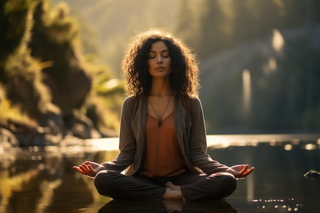 Фото Дзен-рефлексия, медитация на закате на озере.