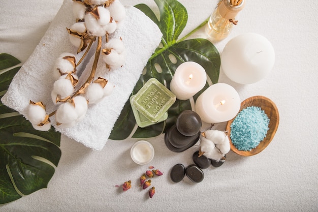 zen and relax concept. spa composition  with treatment on  light background - space for text