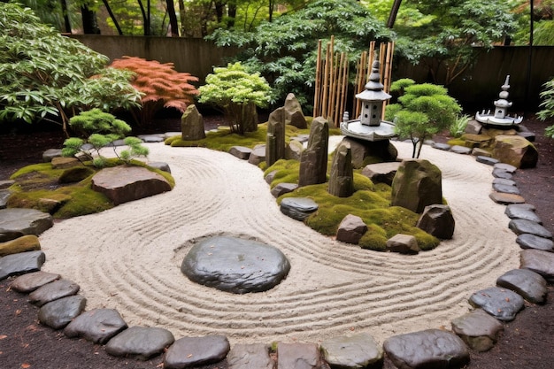 Zen rock garden with raked sand patterns and mossy boulders created with generative ai