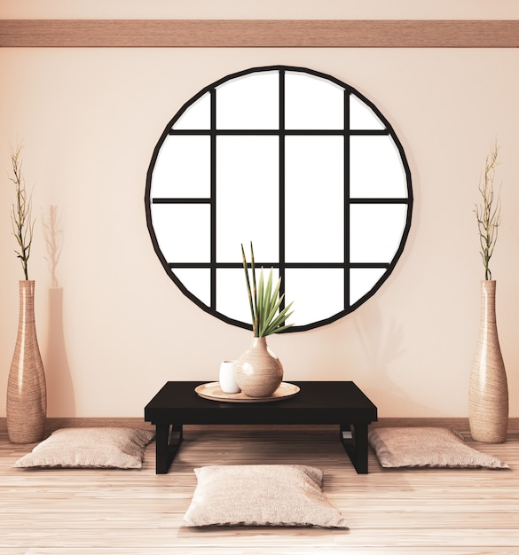 Foto interno sala zen, sala ryokan e decorazioni in legno, tonalità terra. rendering 3d