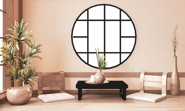 Zen room interior, Ryokan room  and decoration wooden , earth tone.3D rendering