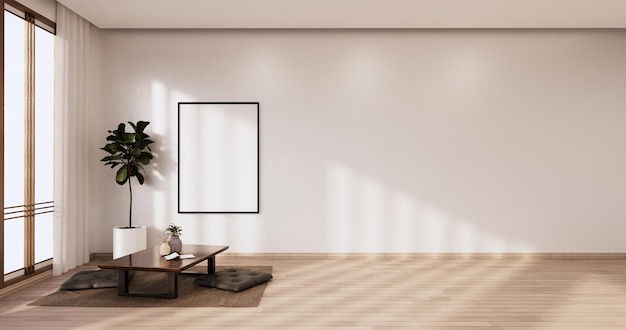 Фото Интерьер комнаты дзен деревянная стена на татами, низкий стол и кресло3d рендеринг