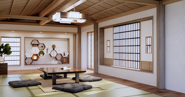 Интерьер комнаты дзен деревянная стена на татами, низкий стол и кресло3D рендеринг