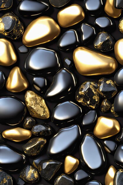 zen smooth polished rocks in black and gold stacked incredibly high on a black background