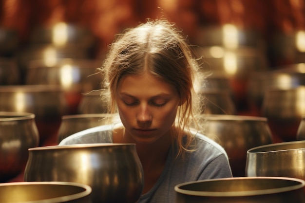 Foto zen sound immersion immergiti nel paesaggio sonoro zen mentre una donna è circondata dal ronzio meditativo di ciotole cantanti che promuovono la tranquillità mentale