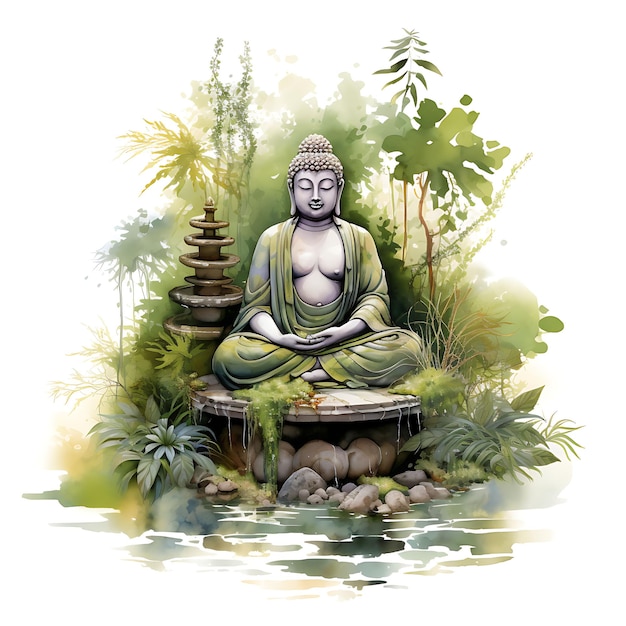 Дзенский дух сад бамбук и мох медитационные подушки Будда уютная акварель природы декоративная