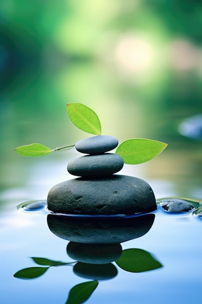 A zen stack of stones with green leaves on top.