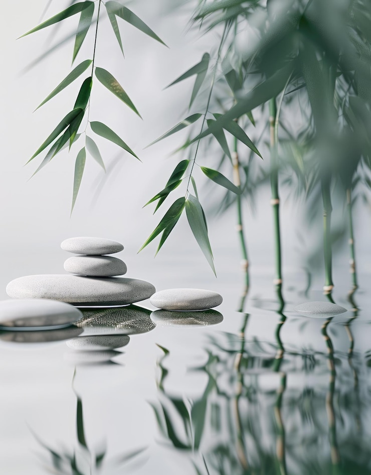 Foto zen stenen en bamboe bladeren op water spa achtergrond witte achtergrond wite kleur thema in de stijl van zen groene kleuren water reflectie minimalistisch