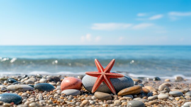 Zen stenen en rode zeesterren op het strand met blauwe achtergrond