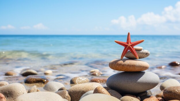 Zen stenen en rode zeesterren op het strand met blauwe achtergrond