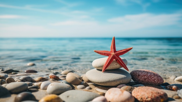 Zen stenen en rode zeesterren op het strand met blauwe achtergrond