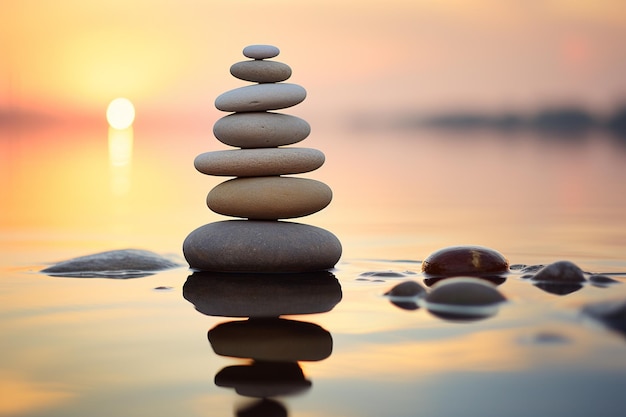 Zen stenen evenwichtige rangschikking van gladde stenen op een rustig meer