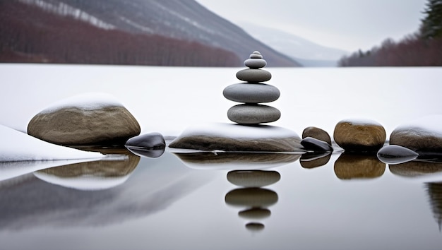 Zen stenen in de sneeuw