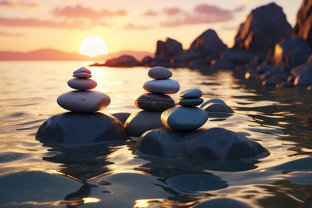 Foto zen stenen in het water met zonsondergang op de achtergrond