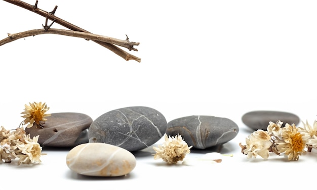Zen-stenen met gedroogde bloemen voor meditatie en evenwicht