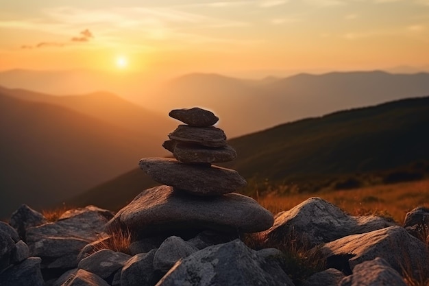 Zen stenen natuur zonsondergang Genereer Ai