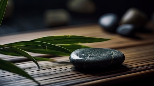 A zen stone sits on a bamboo table with a green leaf on it.