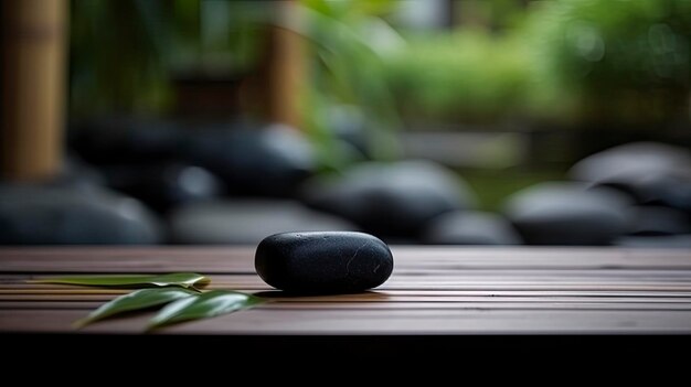A zen stone sits on a wooden table with a leaf next to it.
