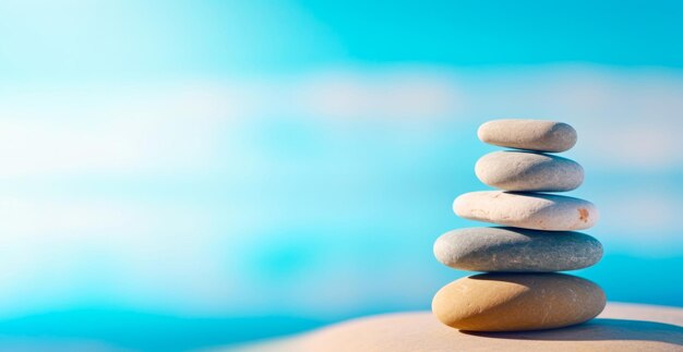 Photo zen stone stack on a bright blue sky background with copy space