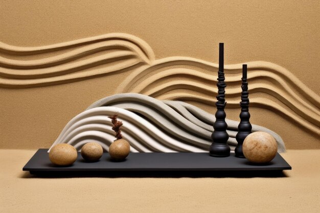 Zen stone trio with raked sand waves and bamboo background created with generative ai