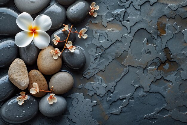 Фото Дзенские камни и белые цветы на каменном фоне