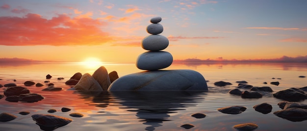 Zen Stones Atop Beach Sunset And Ocean Backdrop