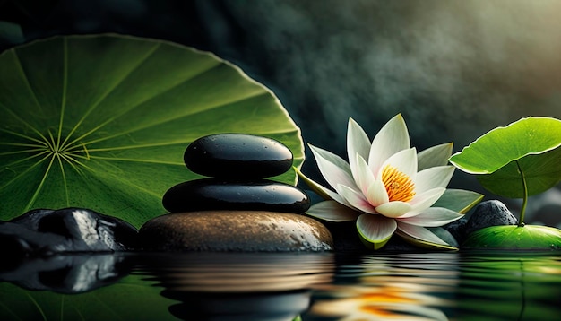 Photo zen stones on a background of water and bamboo and lotus flowers generative ai
