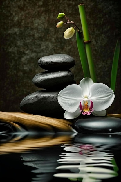 Zen stones on a background of water and bamboo and orchid flowers Generative AI