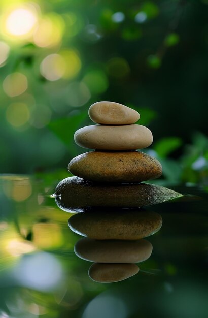 Foto pietre zen in equilibrio vicino all'acqua tranquilla