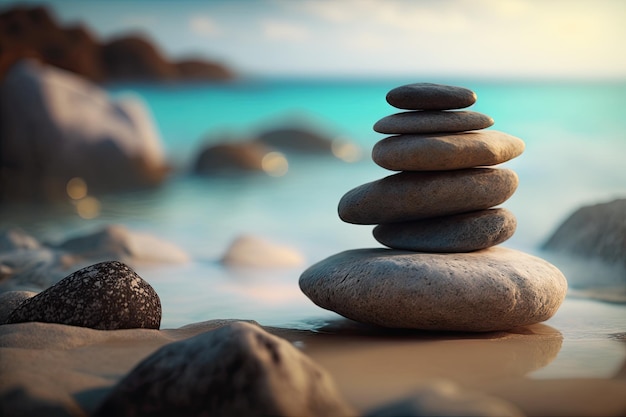 Zen stones balanced on the beach Sunrise light Meditation and relaxation Ai generative