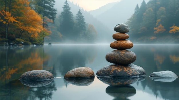 Photo zen stones balanced in a serene lake during autumn