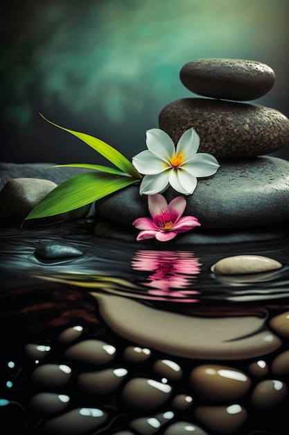 Zen stones and bamboo on the water lined with spa pebbles and plumeria flowers Generative AI