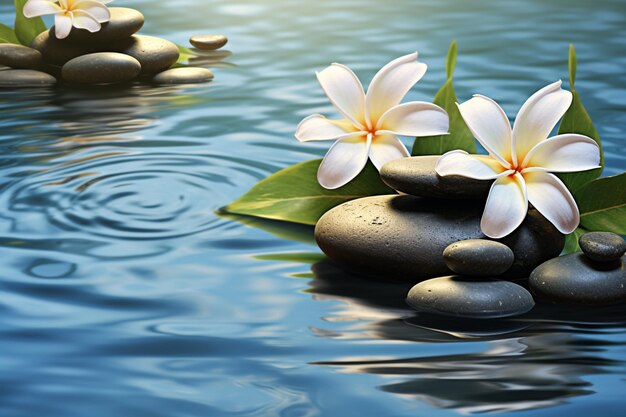 スパの石やプルーメリアの花で囲まれた水上にある禅の石と竹