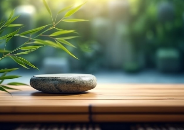 Zen stones on empty wooden with green leaf in the garden background blurred and Concept relaxation zen spring