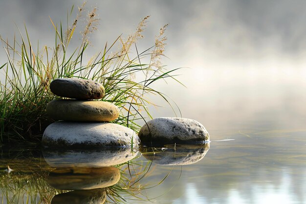 Photo zen stones and grass on the shore of a lake in the morning