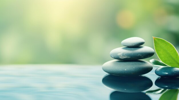 Photo zen stones and green leaves on water with blurred background ai